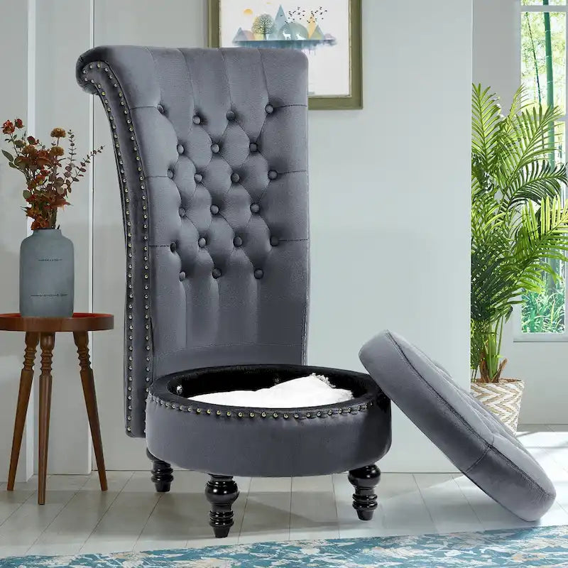 Fauteuil d'appoint en velours à dossier haut avec rangement, blanc / noir / bleu / gris, sans accoudoirs, 1 personne