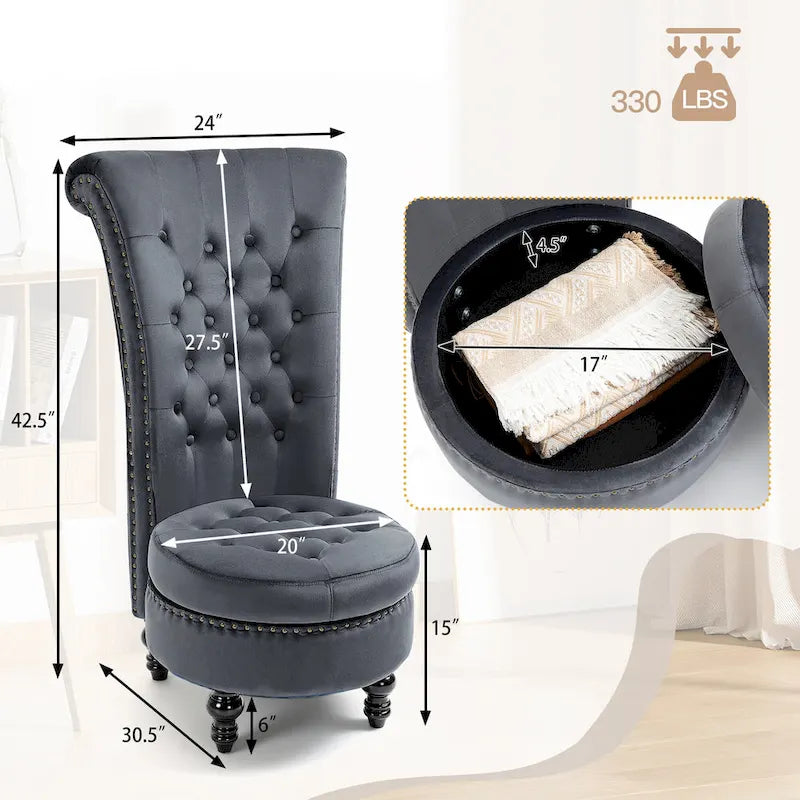 Fauteuil d'appoint en velours à dossier haut avec rangement, blanc / noir / bleu / gris, sans accoudoirs, 1 personne