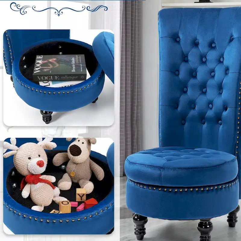 Fauteuil d'appoint en velours à dossier haut avec rangement, blanc / noir / bleu / gris, sans accoudoirs, 1 personne