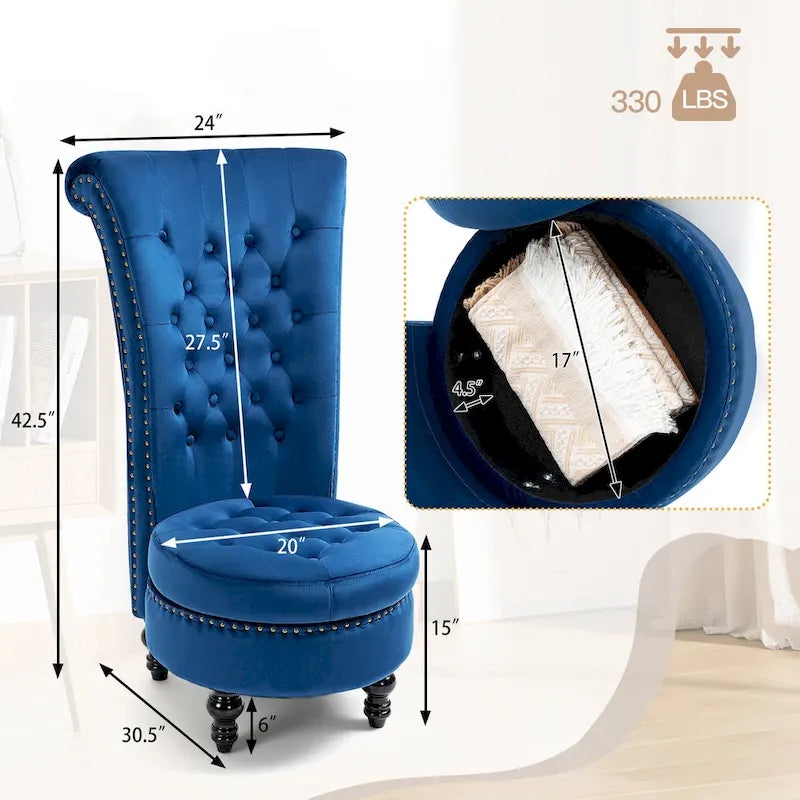 Fauteuil d'appoint en velours à dossier haut avec rangement, blanc / noir / bleu / gris, sans accoudoirs, 1 personne