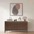 Buffet en bois d'hévéa massif de 60" avec 3 tiroirs et 2 placards à ouverture par pression, brun noyer, style moderne du milieu du siècle