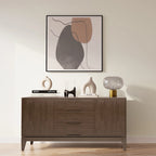 Buffet en bois d'hévéa massif de 60" avec 3 tiroirs et 2 placards à ouverture par pression, brun noyer, style moderne du milieu du siècle
