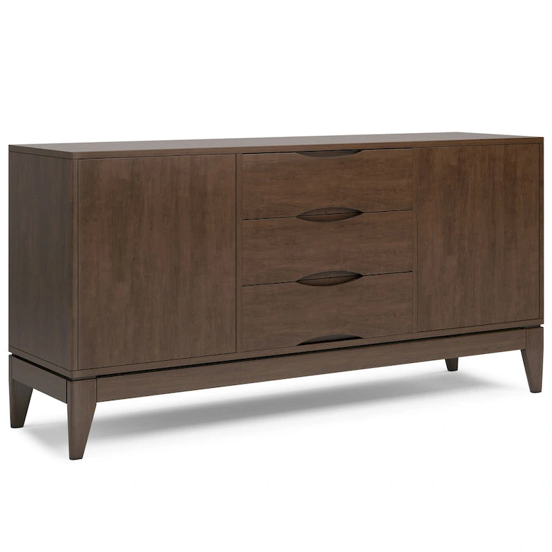 Buffet en bois d'hévéa massif de 60" avec 3 tiroirs et 2 placards à ouverture par pression, brun noyer, style moderne du milieu du siècle