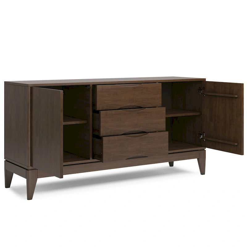 Buffet en bois d'hévéa massif de 60" avec 3 tiroirs et 2 placards à ouverture par pression, brun noyer, style moderne du milieu du siècle