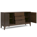 Buffet en bois d'hévéa massif de 60" avec 3 tiroirs et 2 placards à ouverture par pression, brun noyer, style moderne du milieu du siècle