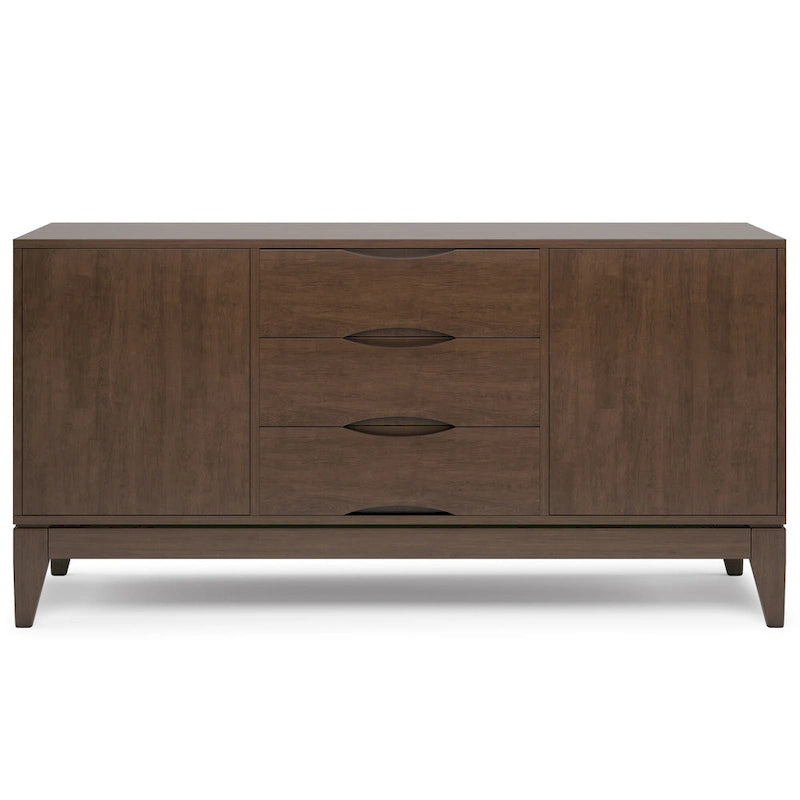 Buffet en bois d'hévéa massif de 60" avec 3 tiroirs et 2 placards à ouverture par pression, brun noyer, style moderne du milieu du siècle