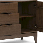 Buffet en bois d'hévéa massif de 60" avec 3 tiroirs et 2 placards à ouverture par pression, brun noyer, style moderne du milieu du siècle