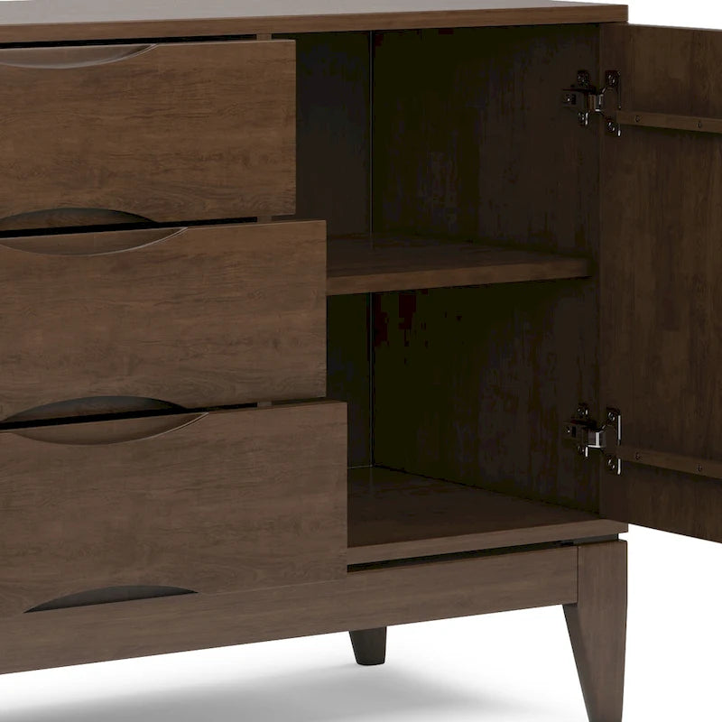 Buffet en bois d'hévéa massif de 60" avec 3 tiroirs et 2 placards à ouverture par pression, brun noyer, style moderne du milieu du siècle