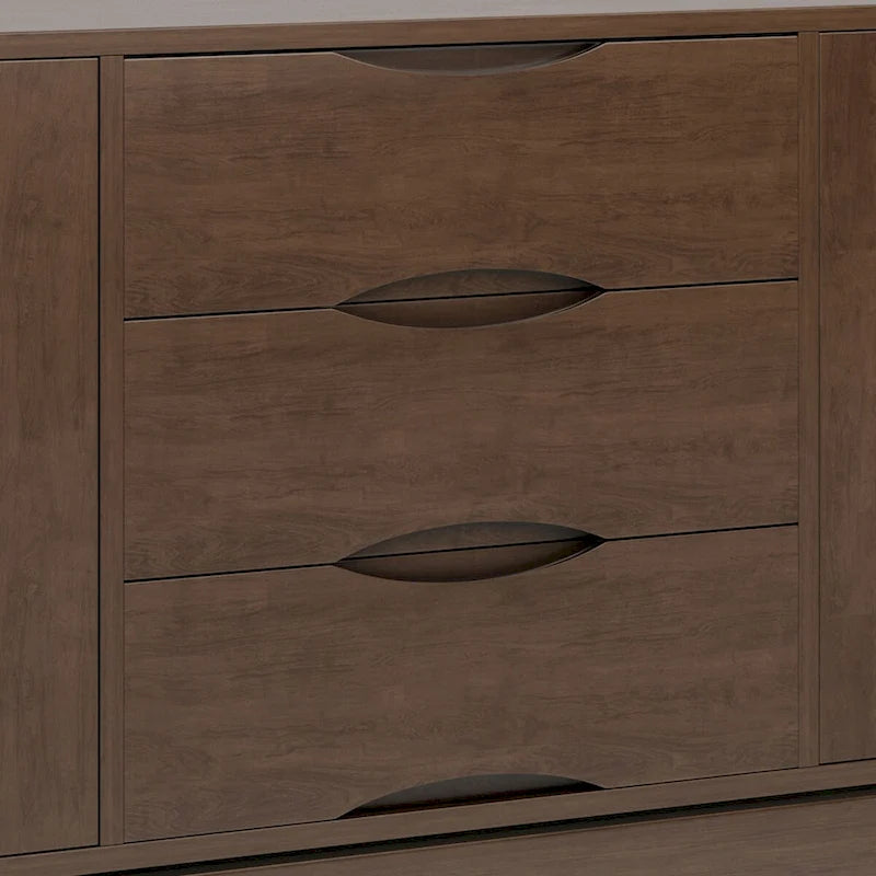 Buffet en bois d'hévéa massif de 60" avec 3 tiroirs et 2 placards à ouverture par pression, brun noyer, style moderne du milieu du siècle