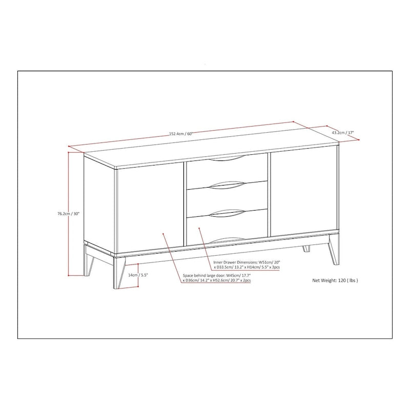 Buffet en bois d'hévéa massif de 60" avec 3 tiroirs et 2 placards à ouverture par pression, brun noyer, style moderne du milieu du siècle