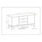 Buffet en bois d'hévéa massif de 60" avec 3 tiroirs et 2 placards à ouverture par pression, brun noyer, style moderne du milieu du siècle