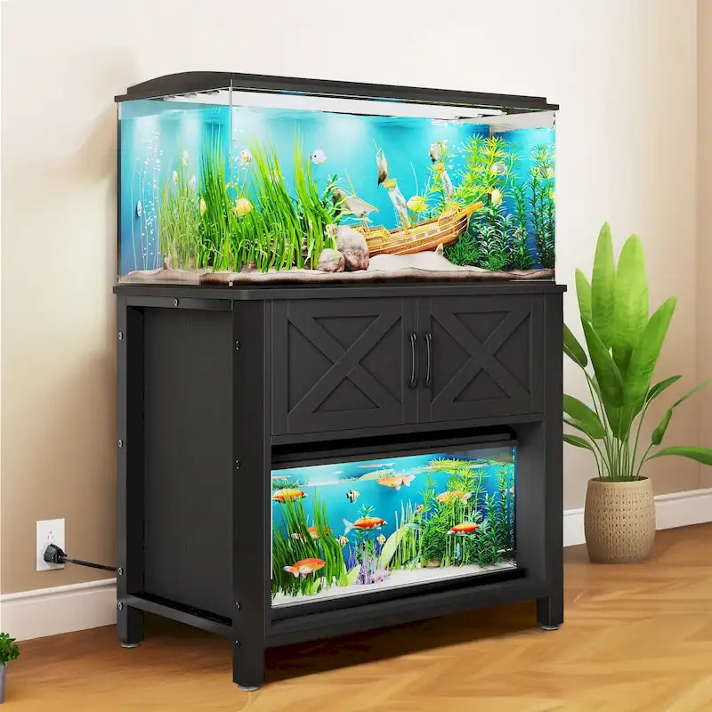 Meuble de support pour aquarium de 150-190 litres avec armoire et prise de courant intégrée, Noir / Blanc / Gris, Style moderne
