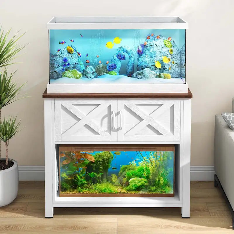 Meuble de support pour aquarium de 150-190 litres avec armoire et prise de courant intégrée, Noir / Blanc / Gris, Style moderne