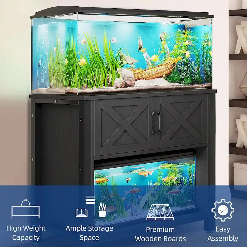 Meuble de support pour aquarium de 150-190 litres avec armoire et prise de courant intégrée, Noir / Blanc / Gris, Style moderne