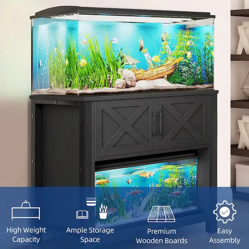 Meuble de support pour aquarium de 150-190 litres avec armoire et prise de courant intégrée, Noir / Blanc / Gris, Style moderne