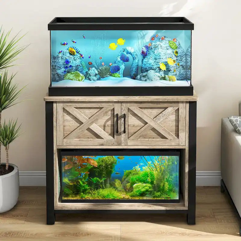 Meuble de support pour aquarium de 150-190 litres avec armoire et prise de courant intégrée, Noir / Blanc / Gris, Style moderne