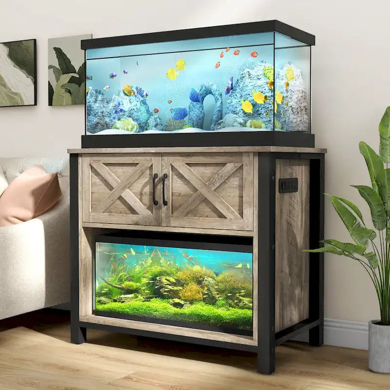 Meuble de support pour aquarium de 150-190 litres avec armoire et prise de courant intégrée, Noir / Blanc / Gris, Style moderne