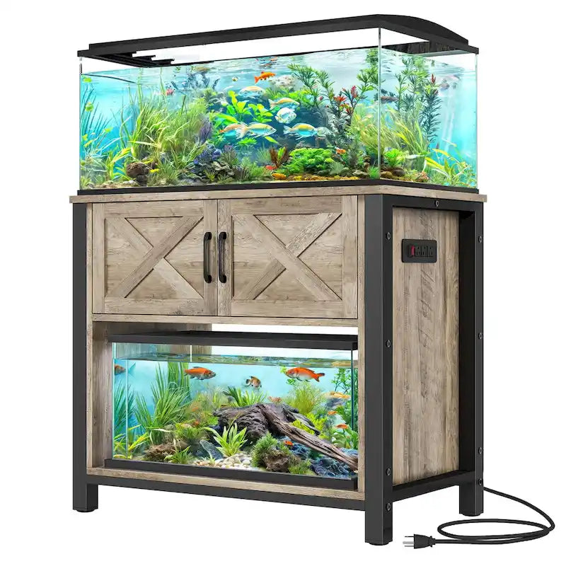 Meuble de support pour aquarium de 150-190 litres avec armoire et prise de courant intégrée, Noir / Blanc / Gris, Style moderne