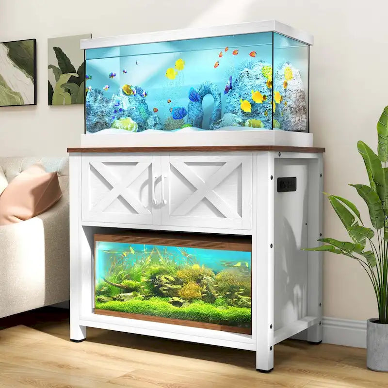 Meuble de support pour aquarium de 150-190 litres avec armoire et prise de courant intégrée, Noir / Blanc / Gris, Style moderne