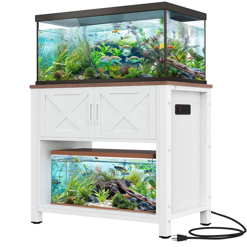 Meuble de support pour aquarium de 150-190 litres avec armoire et prise de courant intégrée, Noir / Blanc / Gris, Style moderne
