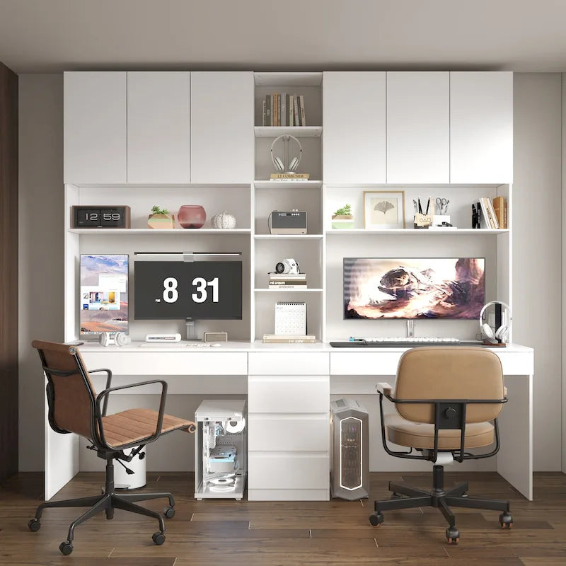 Bureau poste de travail modulaire en L avec étagère, blanc, style moderne, 2 personnes
