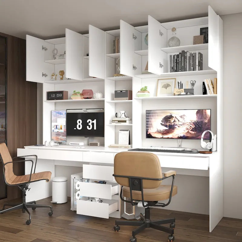 Bureau poste de travail modulaire en L avec étagère, blanc, style moderne, 2 personnes
