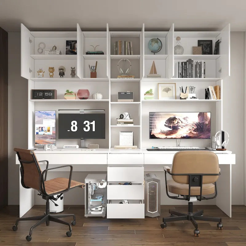 Bureau poste de travail modulaire en L avec étagère, blanc, style moderne, 2 personnes
