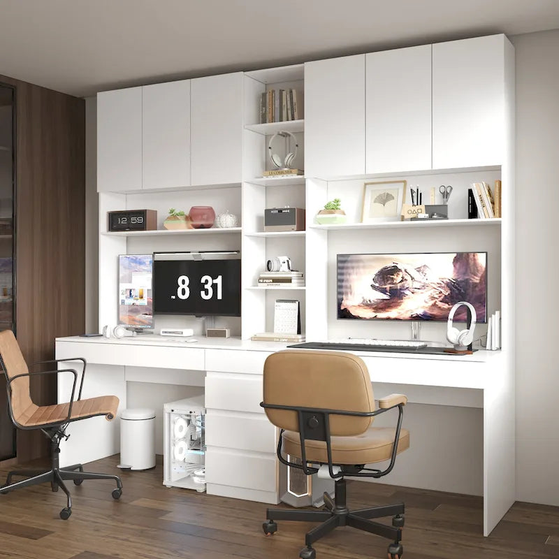 Bureau poste de travail modulaire en L avec étagère, blanc, style moderne, 2 personnes