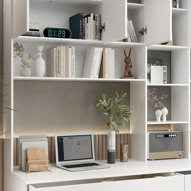 Bureau poste de travail modulaire en L avec étagère, blanc, style moderne, 2 personnes
