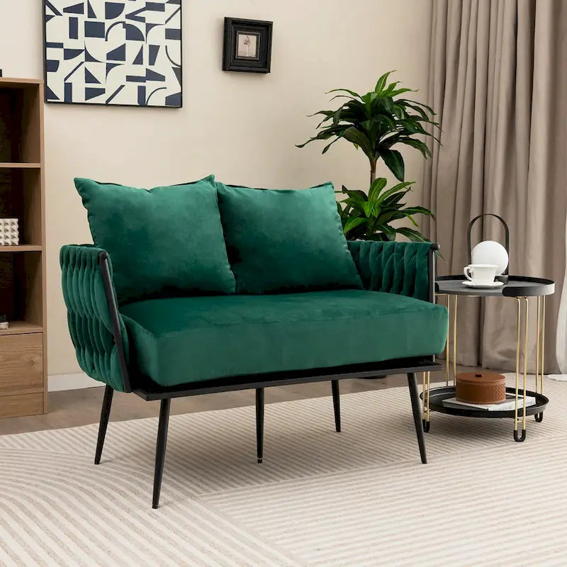 Causeuse en velours néerlandais tissé avec oreillers, vert / gris, 2 places