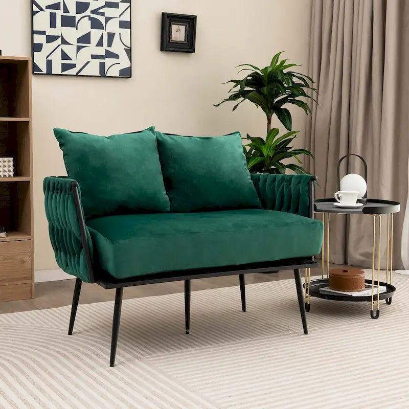Causeuse en velours néerlandais tissé avec oreillers, vert / gris, 2 places