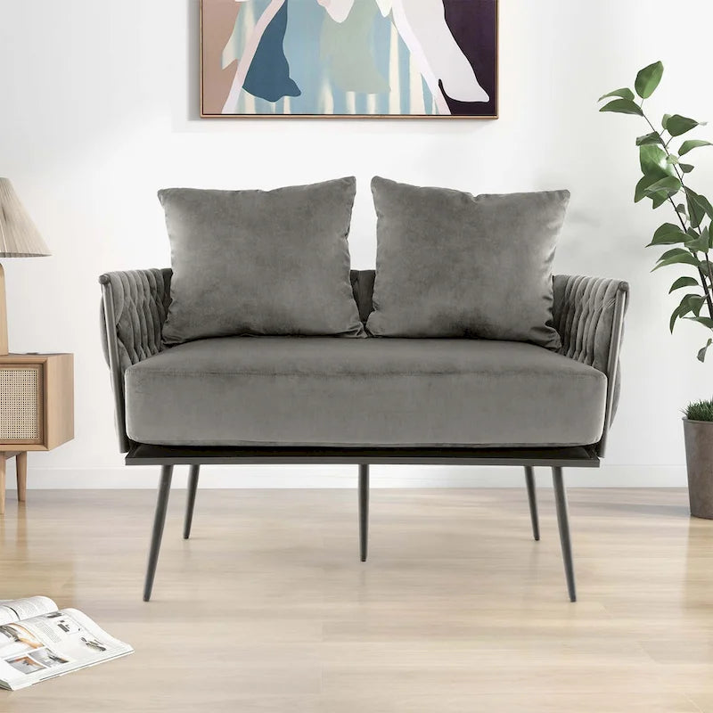 Causeuse en velours néerlandais tissé avec oreillers, vert / gris, 2 places
