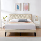 Cadre de lit tapissé avec tête de lit réglable, beige, capitonné, double / complet / queen