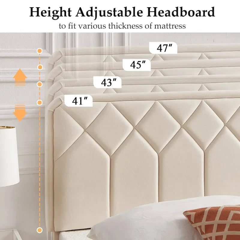 Cadre de lit tapissé avec tête de lit réglable, beige, capitonné, double / complet / queen