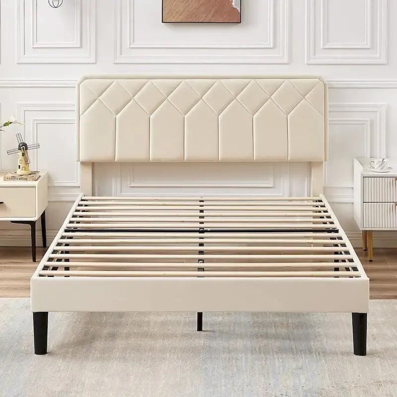 Cadre de lit tapissé avec tête de lit réglable, beige, capitonné, double / complet / queen