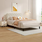 Cadre de lit tapissé avec tête de lit réglable, beige, capitonné, double / complet / queen