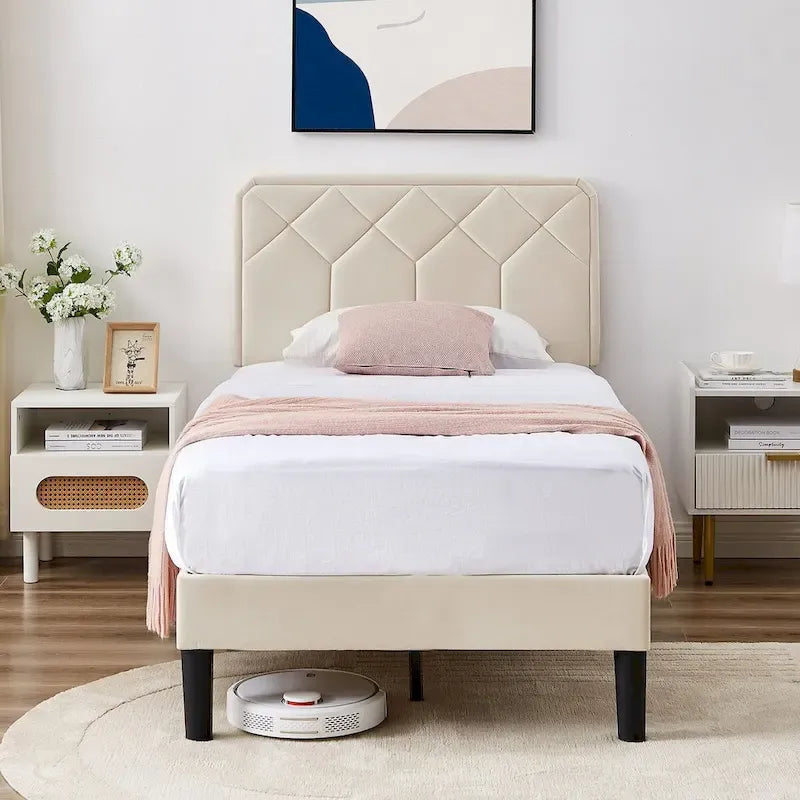 Cadre de lit tapissé avec tête de lit réglable, beige, capitonné, double / complet / queen