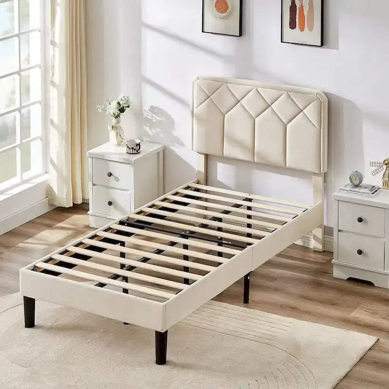 Cadre de lit tapissé avec tête de lit réglable, beige, capitonné, double / complet / queen