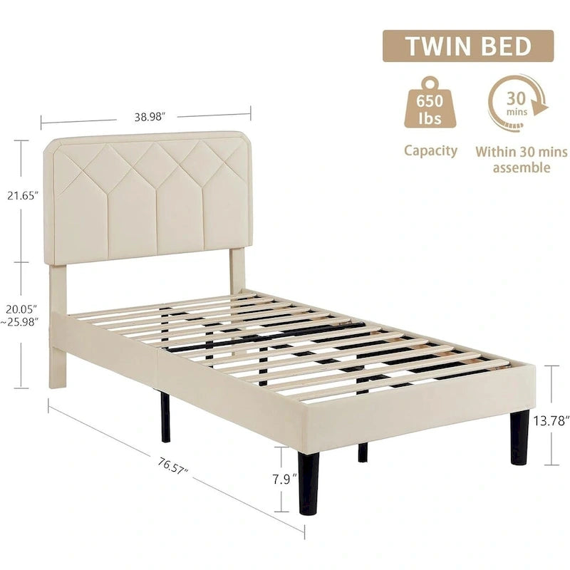 Cadre de lit tapissé avec tête de lit réglable, beige, capitonné, double / complet / queen