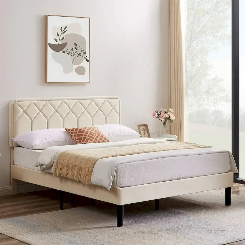Cadre de lit tapissé avec tête de lit réglable, beige, capitonné, double / complet / queen