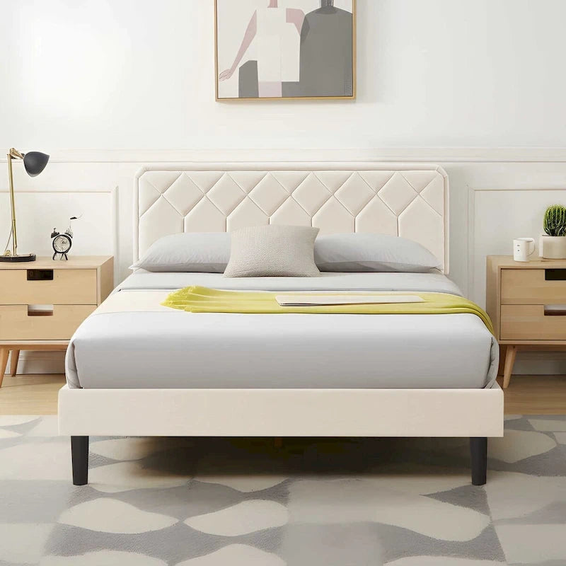 Cadre de lit tapissé avec tête de lit réglable, beige, capitonné, double / complet / queen
