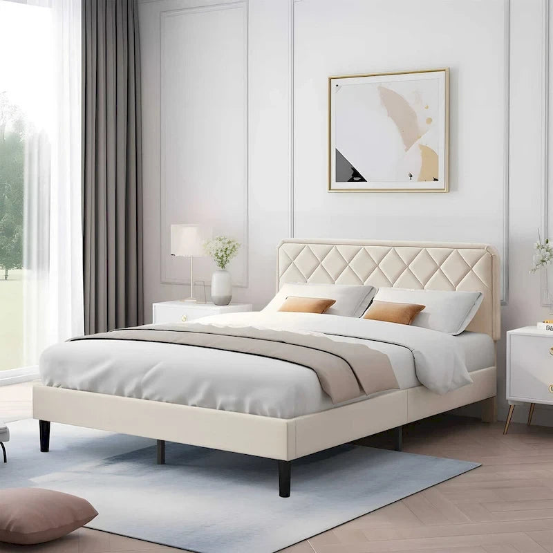 Cadre de lit tapissé avec tête de lit réglable, beige, capitonné, double / complet / queen