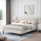 Cadre de lit tapissé avec tête de lit réglable, beige, capitonné, double / complet / queen