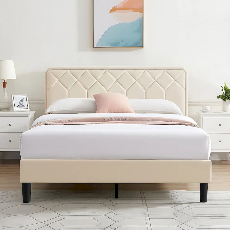 Cadre de lit tapissé avec tête de lit réglable, beige, capitonné, double / complet / queen