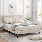 Cadre de lit tapissé avec tête de lit réglable, beige, capitonné, double / complet / queen