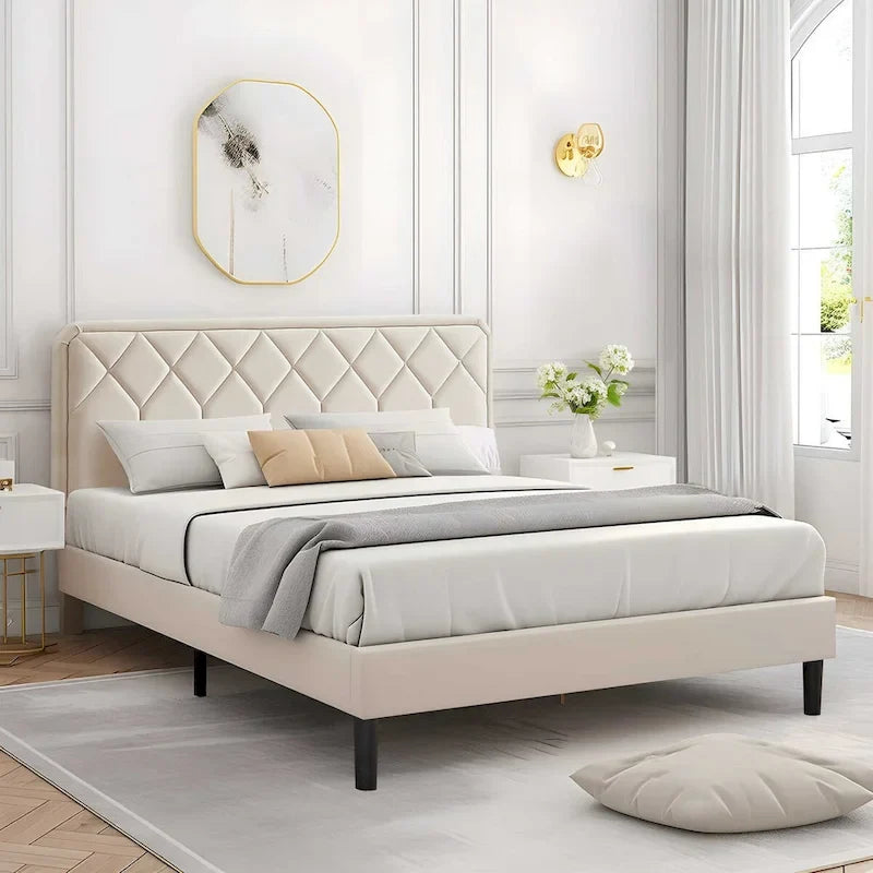 Cadre de lit tapissé avec tête de lit réglable, beige, capitonné, double / complet / queen