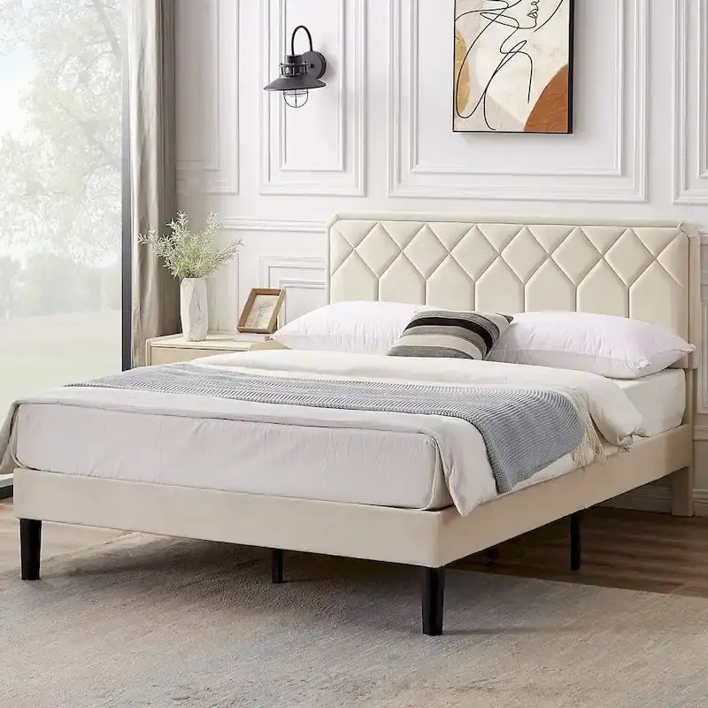 Cadre de lit tapissé avec tête de lit réglable, beige, capitonné, double / complet / queen