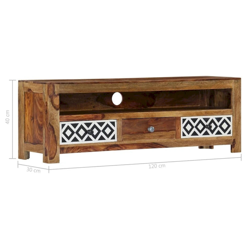 Meuble TV en bois de Sesham massif avec 3 tiroirs, marron / naturel, style vintage