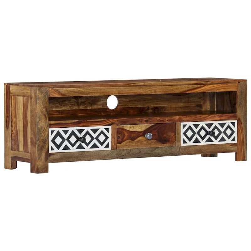 Meuble TV en bois de Sesham massif avec 3 tiroirs, marron / naturel, style vintage