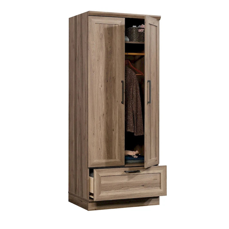 Meuble de rangement pour garde-robe avec tringle, étagère réglable et tiroir, Chêne Dakota / Chêne Sienna / Blanc doux / Chêne Salt, Style classique
